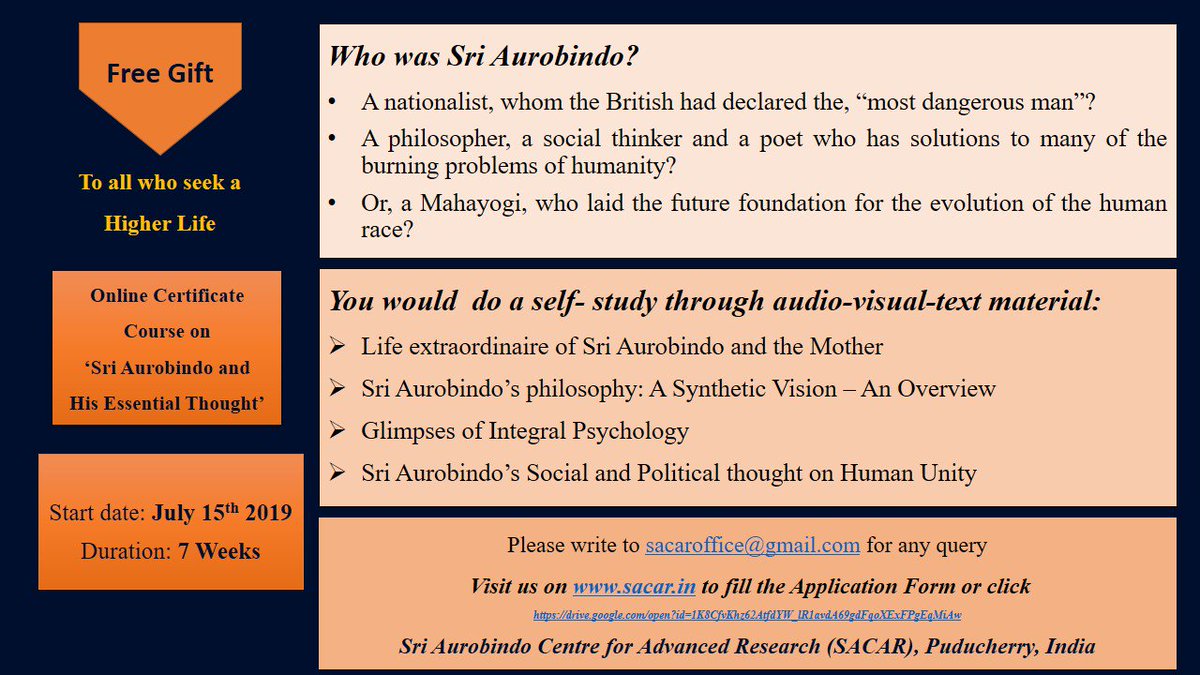 Join us for the free online course on "Sri Aurobindo and his Essential thought" Click here for registration=> drive.google.com/open?id=1K8Cfv…