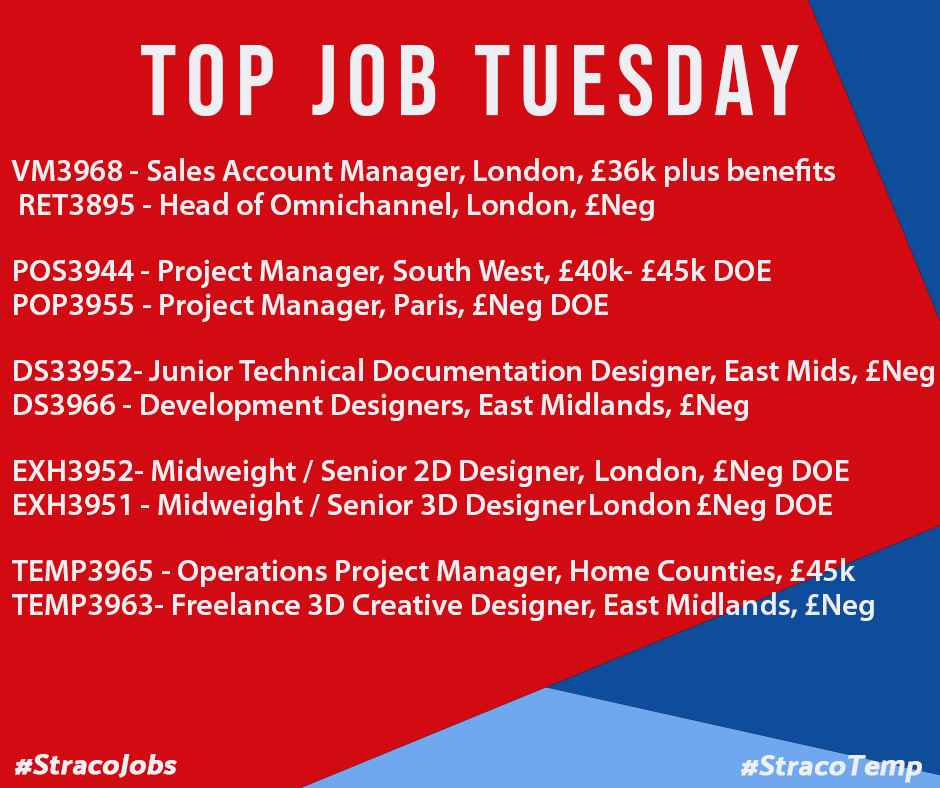 StracoRecruit's tweet photo. Happy #TopJobTuesday 🙌
Are you a creative looking for a role in the retail industry?
Get in touch today! Or see our opportunities page. https://t.co/zElUHPqZUQ
#StracoJobs #StracoTemp #StracoLDN #LDNJobs #Creative #Exhibitons #POS #POP #RetailDesign #DesignJobs #Interiors https://t.co/U3PXRQuUJZ