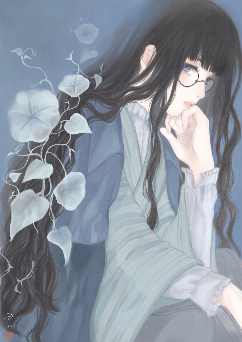 solo long hair glasses japanese clothes flower black hair 1girl  illustration images