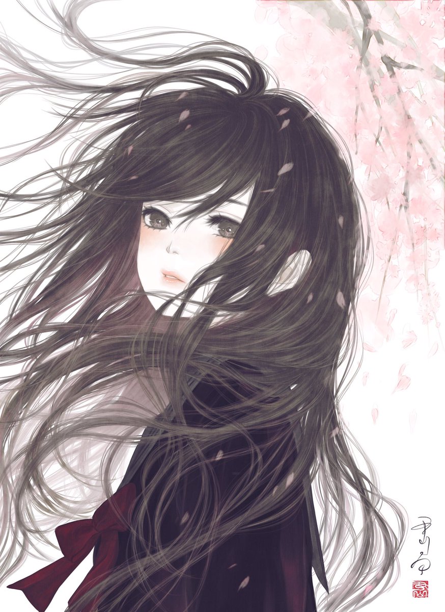 solo long hair glasses japanese clothes flower black hair 1girl  illustration images