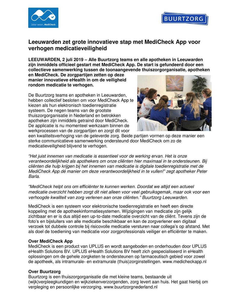 MediCheckApp's tweet photo. Lees het onderstaande persbericht over hoe Leeuwarden een innovatieve stap zet met MediCheck App voor het verhogen van de #medicatieveiligheid !
#eHealth #Buurtzorg https://t.co/jU8kwj11ag