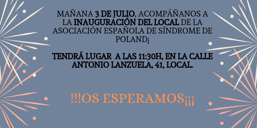 PolandAESIP's tweet photo. Mañana 3 de julio la Asociación Española de Síndrome de Poland celebra su VI aniversario. Y por ello, nos complace invitaros a la Inauguración del local de la Asociación. 
Contaremos con la presencia, entre otras, de la directora de @FEDER_ONG , Alba Ancochea. 
!!Os esperamos¡¡ https://t.co/PJZjs7kTRR