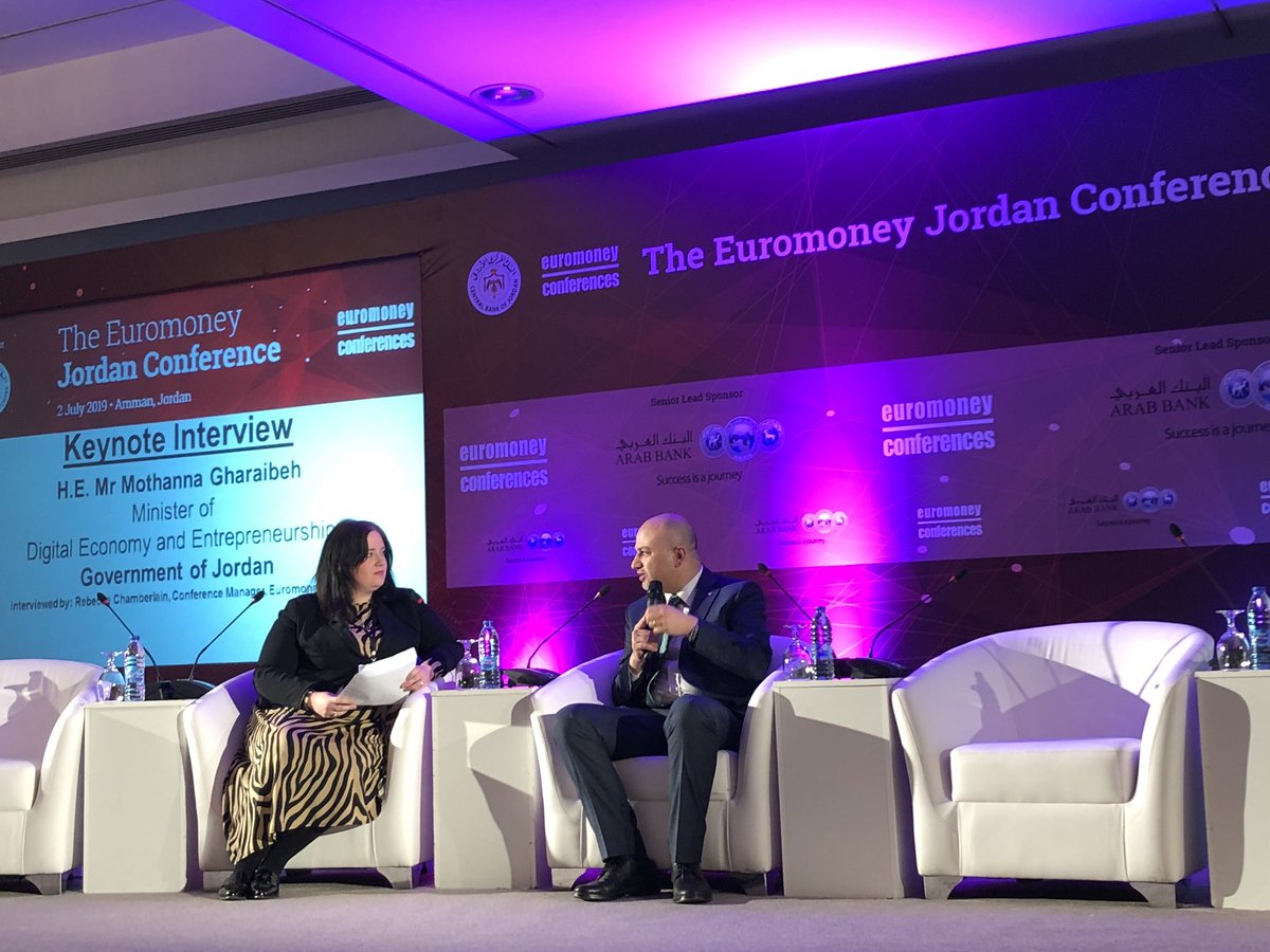 EuromoneyConf's tweet photo. On-stage now at #emJordan: HE Mr Mothanna Gharaibeh, Jordan’s Minister of Entrepreneurship and Digital Economy takes part in a keynote interview https://t.co/3rmznPObrz