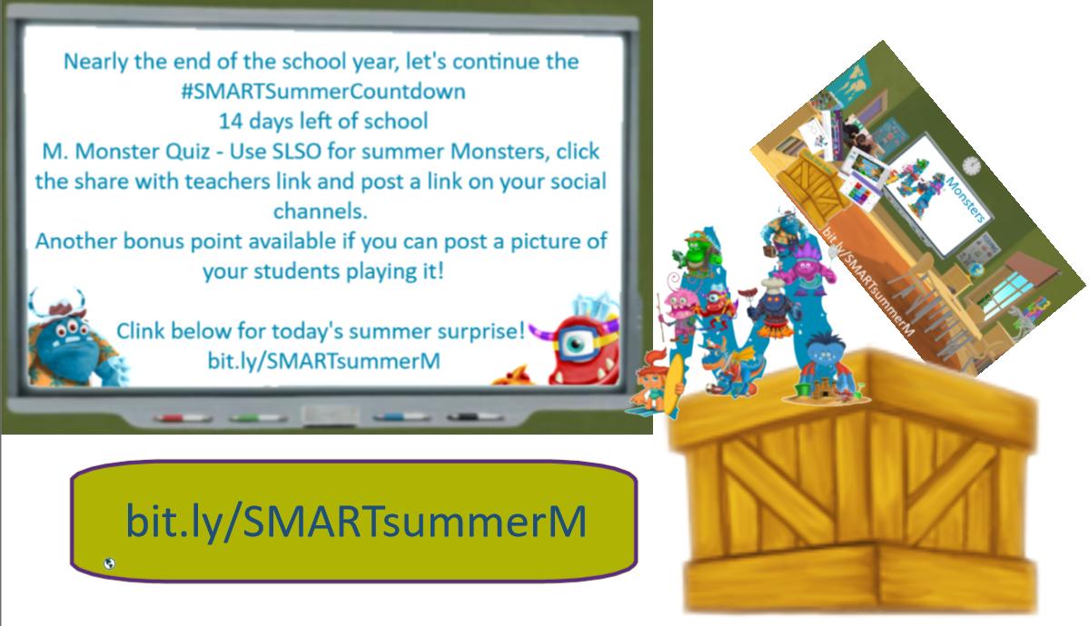 SMARTukconnect's tweet photo. #SMARTSummerCountdown
14 days left of school
M. Monster Quiz - Use SLSO for summer Monsters, click the share with teachers link and post a link on your social channels. @SMART_Tech
Clink below for today's summer surprise!
https://t.co/BcKROs0ltv https://t.co/QKn8f9z12u
