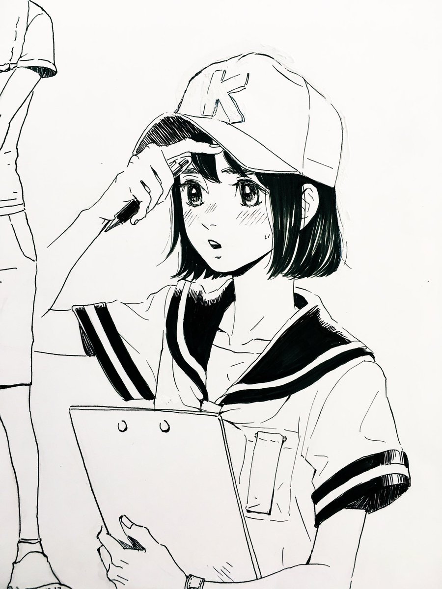 Shino 一日一絵 69日目 高校野球のベンチにいる記録員 多分マネージャー の女の子 制服に野球帽姿がかわいい 1日1絵 一日一絵 高校野球 記録員 制服 マネージャー 女の子イラスト