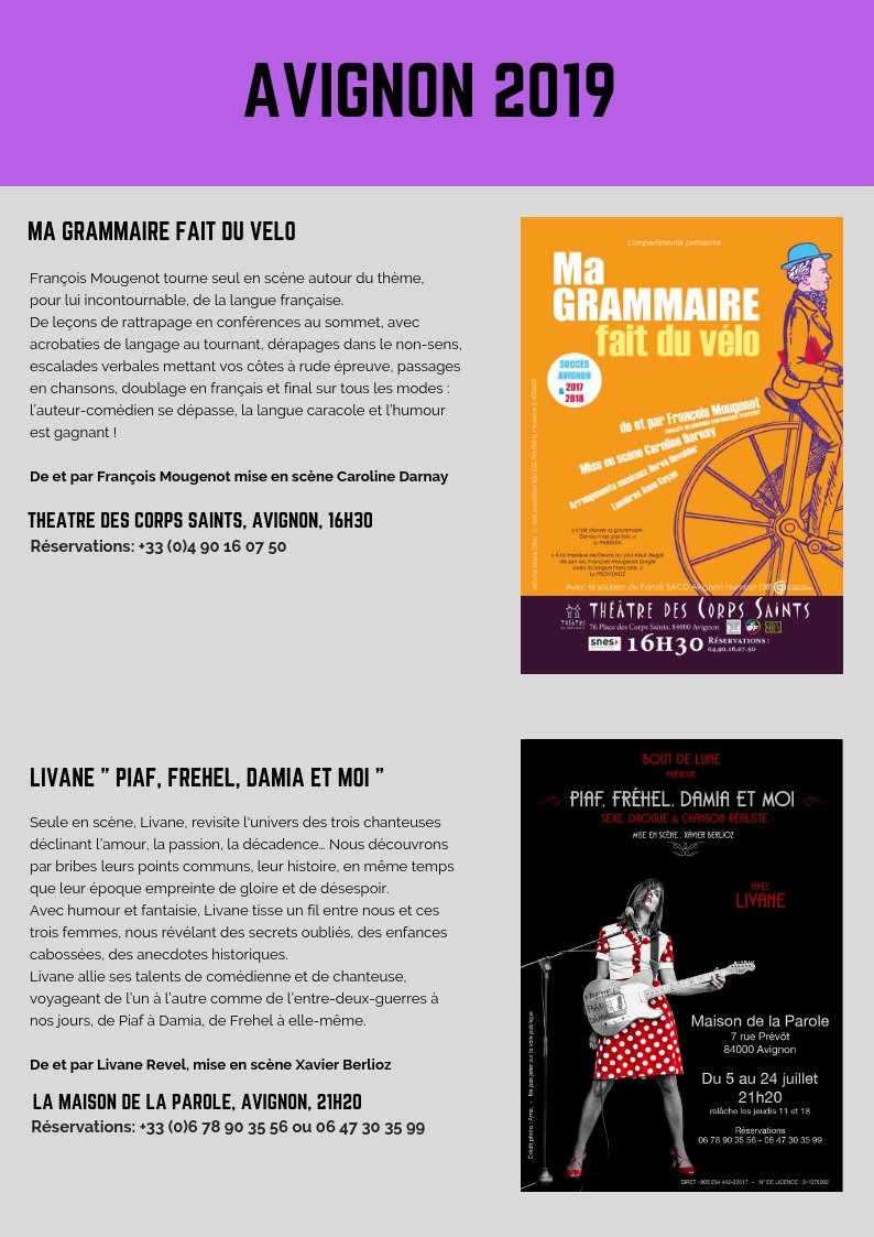 stephgesdewyn's tweet photo. Avignon 2019, c'est parti! 13h30 Off! Off! Off! Collège de la Salle, 16h30 Ma Grammaire fait du vélo, th des Corps Saints et Livane dans Piaf, Fréhel, Damia et moi... 21h20 Maison de la Parole ! https://t.co/G3CCYP42Qy