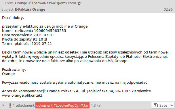 CERT_Polska's tweet image. Ostrzegamy przed dużą kampanią spamową podszywającą się pod fakturę z Orange. Do wiadomości o tytule "E-Faktura Orange" dołączony jest #brushaloader, który pobierze trojana bankowego #danabot atakującego obecnie m.in. klientów polskich banków.