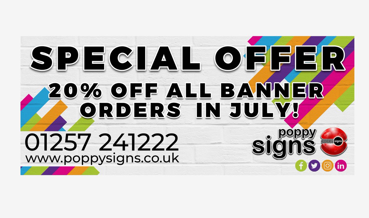 20% OFF All Banner Orders placed in July! 
Email sales@poppysigns.co.uk or call us on 01257 241222 and Quote the following code 'TWITTER' 
#offer #banners #signage #banneroffer #discount #newdeal #offerofthemonth #chorley #northwest #signs #vinyl #pvcbanners #meshbanners #banner