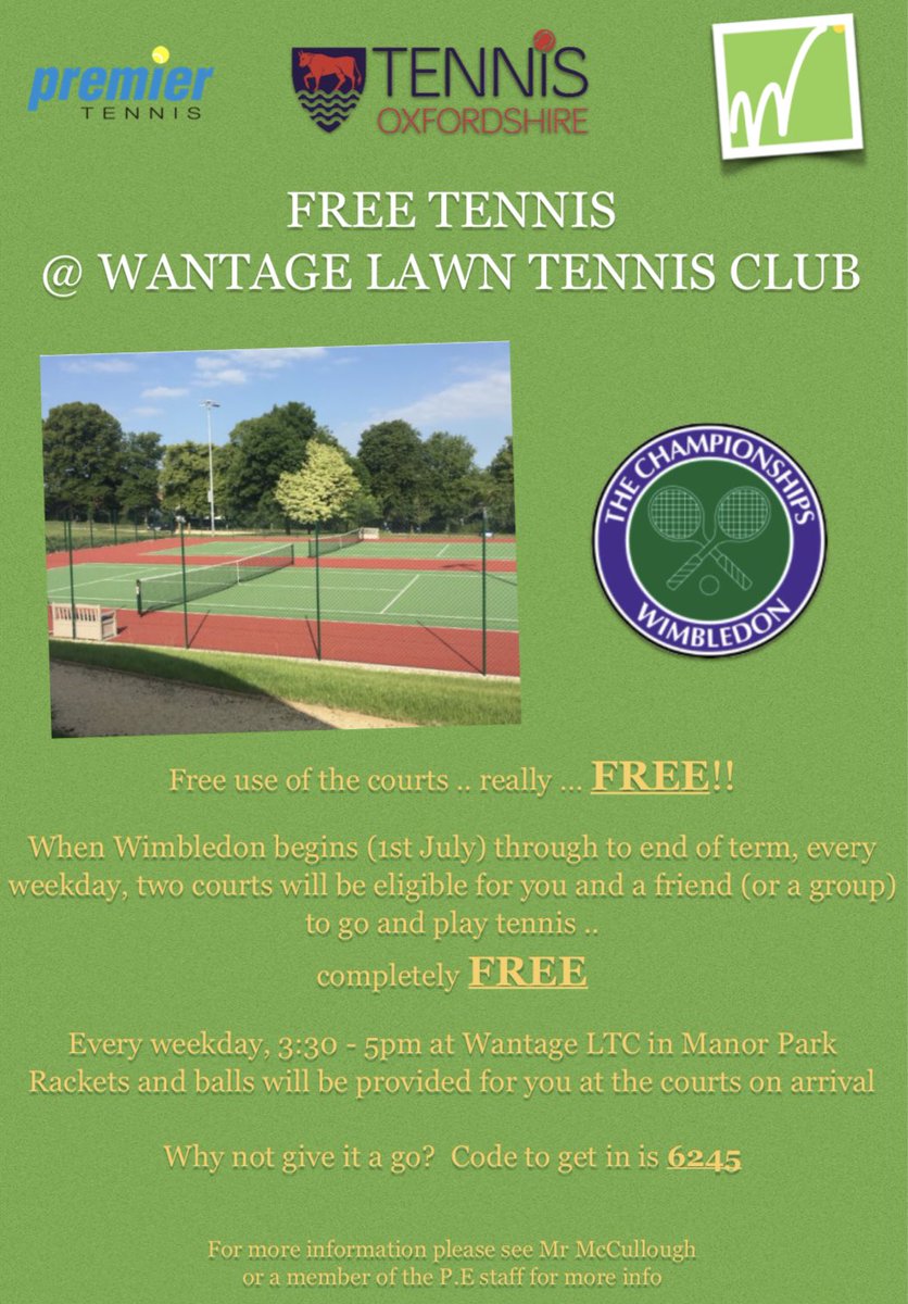 WantageLTC's tweet photo. We are also offering FREE use of courts for the pupils to get them active from 1st July to 23rd July. Every day, after school, 3:30 - 5pm. That’s over 50 hours of FREE court time!! @TennisOxford https://t.co/V4TwQYJi0w