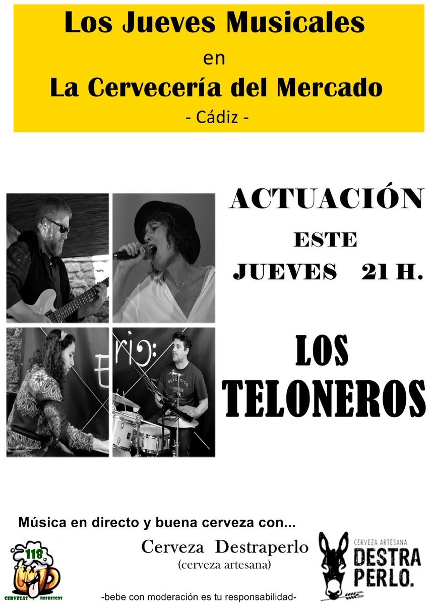 el118delmercado's tweet photo. Los #juevesmusicales en La Cervecería del Mercado se congratula de presentaros el concierto de esta semana: Los Teloneros.
#Cádiz #craftbeer #cervezasartesanas #El118delMercado #lacerveceriadelmercado #lunesabiertos #turismoCádiz @Destraperlobeer @CaburrasiCarlos https://t.co/94ujkvY1tV