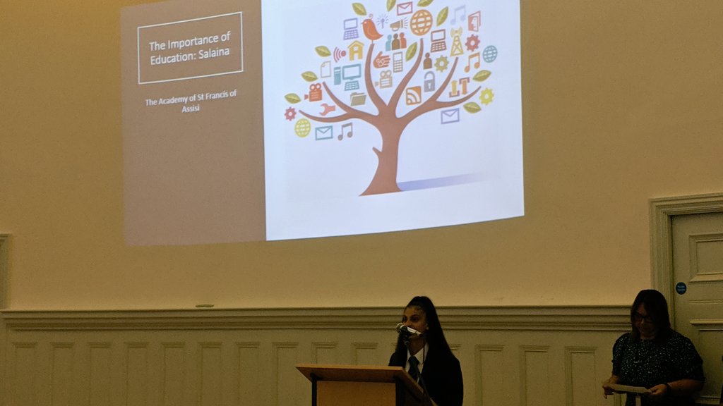 Today we're at Central Library to collect our Liverpool Writing Quality Mark GOLD Award. We are very excited to receive the award and feeling extremely proud watching one of our students reading her work about the importance of education. @GreenoughTg