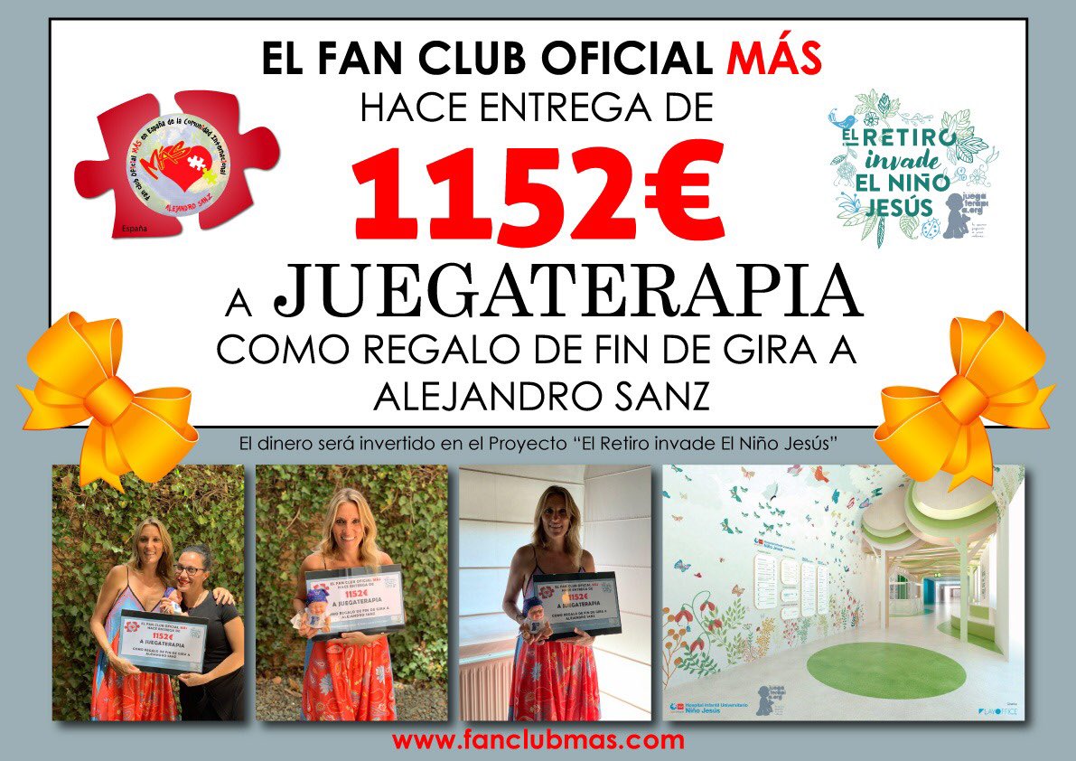 ,<a href="/FanClubMASes/">Fan Club MÁS España®</a> comprometidos y solidarios con el proyecto “El Retiro invade el Niño Jesús” de <a href="/juegaterapia/">Fundación Juegaterapia</a>, han aportado su donación para ese lugar lleno de flores y luz para los niños enfermos 💪❤#BabyPelonesJT #RetiroNiñoJesusJT
#JuntosSomosMás <a href="/AlejandroSanz/">Alejandro Sanz</a>