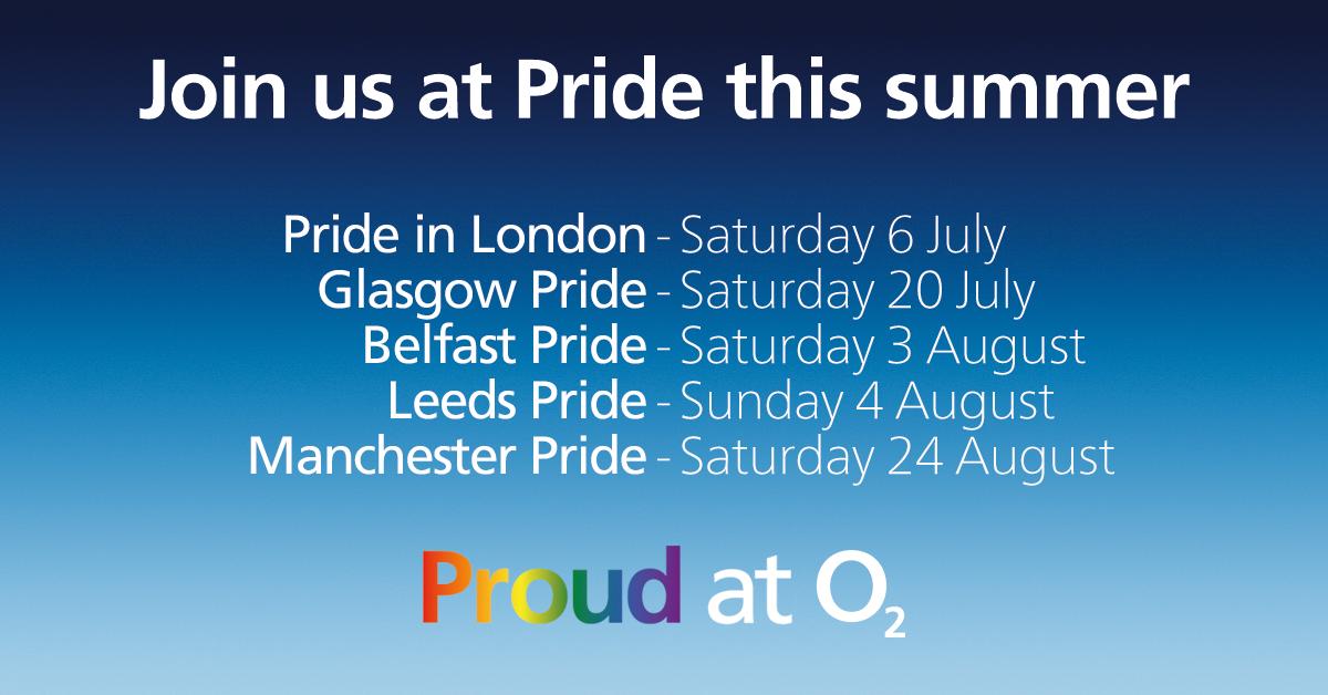 O2's tweet image. We’re proud of all our colleagues across the business who are celebrating #Pride2019 nationwide.

We’ll be back waving our rainbow flag at these Pride events this year, supporting our incredible #ProudAtO2 network. Inclusive, Diverse, Supportive. 🏳️‍🌈 o2.uk/Pride2019