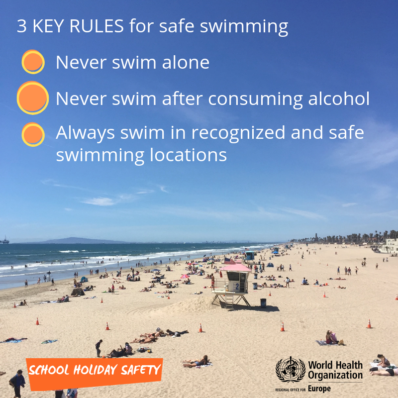 WHO_Europe's tweet image. Follow 3⃣ key rules for safe swimming: 
1⃣ Never swim alone
2⃣ Never swim after consuming alcohol 
3⃣ Always swim in recognized and safe swimming locations – preferably with life guard patrols and other safety equipment present
#SafeSchoolHoliday