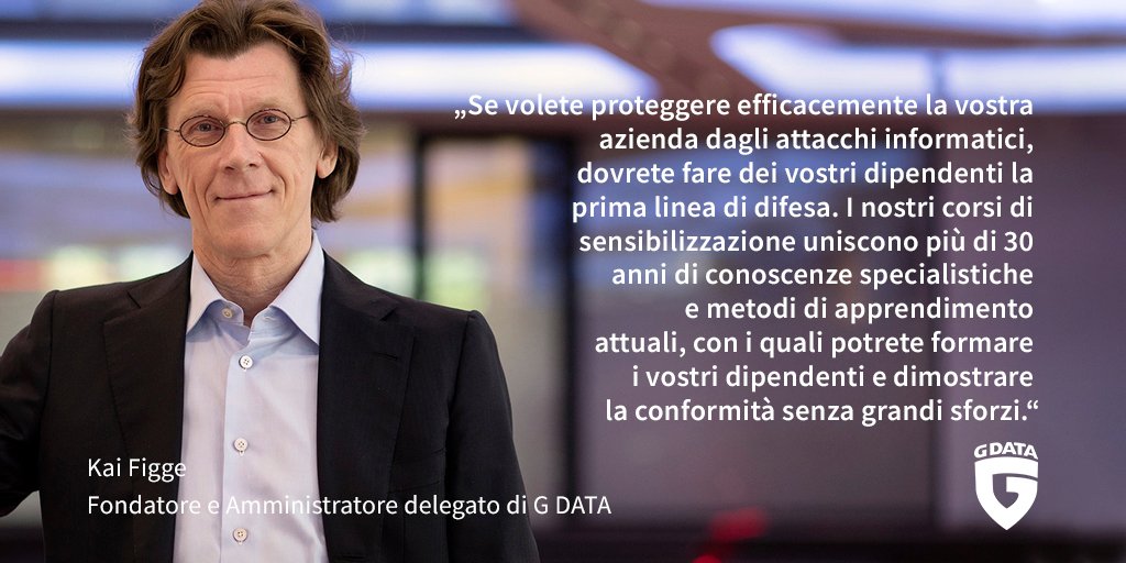 GDATA_IT's tweet photo. In più di 30 corsi online, formate i vostri dipendenti su diversi argomenti di sicurezza informatica e li rendete così parte della Cyber Defence - perché l'utilizzo di una soluzione di sicurezza è solo un componente di un concetto di sicurezza integrato: https://t.co/sf9x5dXkL4 https://t.co/X1qUVvjuAx