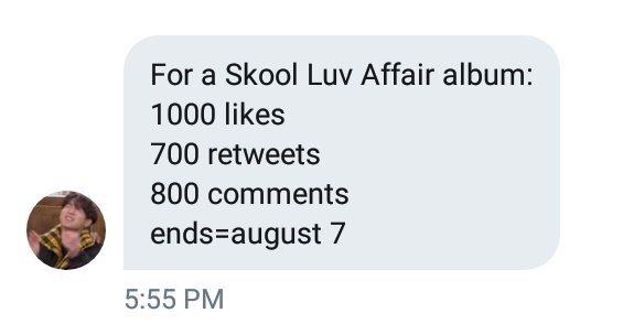 thegoodboy_V's tweet photo. 💜 RT DEAL 💜

GUYS HELP ME TO GET 1000 LIKES, 700 RETWEETS, AND 800 COMMENTS BEFORE AUGUST 7 FOR A BTS ALBUM SKOOL LUV AFFAIR 🙏😭 I WANT TO COMPLETE THEIR ALBUMS &amp; IM BROKE SO PLZ!! ILL HELP U TOO JUST COMMENT BELOW 💜

THANK YOU SO MUCH KUYA @luvksjth FOR THIS OPPORTUNITY! 😍 https://t.co/1sl3lIYMQ8
