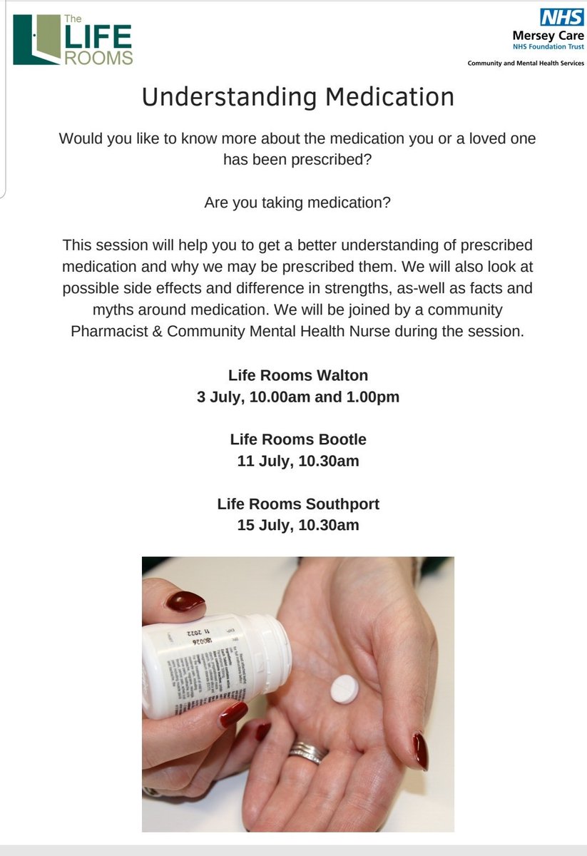 MrBell1985's tweet photo. At Well Being Wednesday tomorrow at @LifeRooms_MC #Walton we will be launching our new course Understanding Medication. Please find poster attached. #Medication #WellBeing https://t.co/q4SZAj4yAF