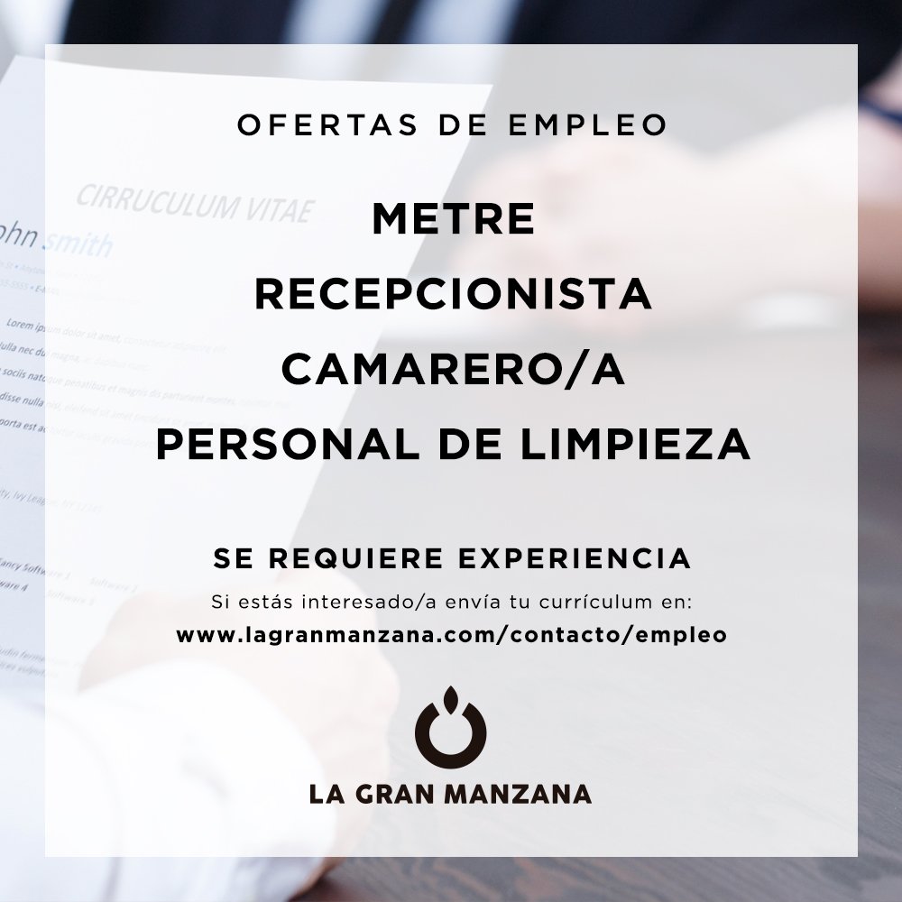 #OFERTA DE #EMPLEO.

- Metre.
- Camarero/a para hotel.
- Personal de limpieza para hotel.
- Recepcionista.

¿Tienes experiencia?... ¡Te estamos buscando!

Si estás interesado/a, puedes enviarnos tu CV a través del siguiente formulario de contacto.
lagranmanzana.com/contacto/empleo