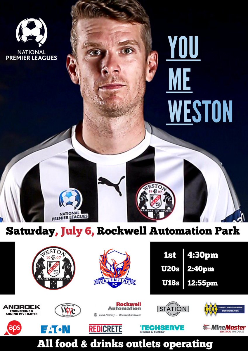Bears NOW AT HOME this Saturday:
Due to ground availability issues the venue and times for this Saturday's games against <a href="/valo_fc/">Valentine EleebanaFC</a> have been changed to:
- Saturday 6th July
- Rockwell Automation Park
1st Grade KO: 4:30pm 
20s KO: 2:40pm
18s KO: 12:55pm
#COYB <a href="/nplnnsw/">NPL NNSW</a> <a href="/NNSWF/">NNSWF</a>