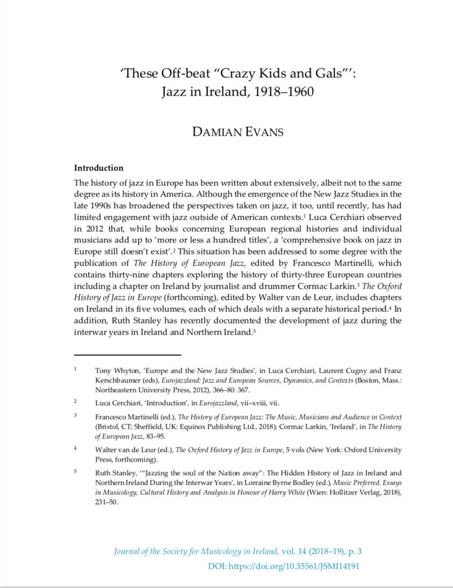 My first peer-reviewed paper, ‘These Off-beat “Crazy Kids and Gals”’: Jazz in Ireland, 1918–1960', has just been published in the open access Journal of the Society for Musicology in Ireland! musicologyireland.com/jsmi/index.php…
