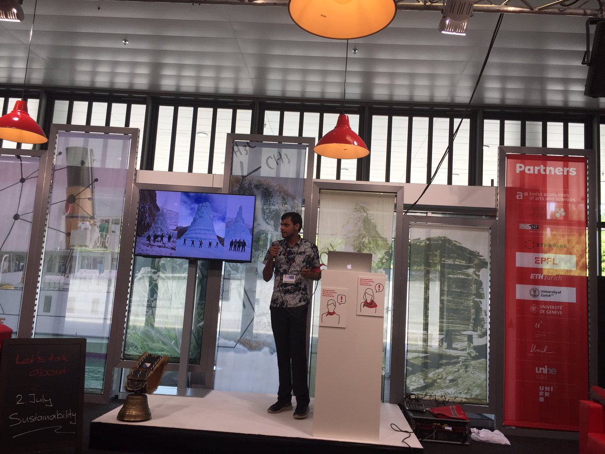 c_appenzeller's tweet photo. Ice stupas are a way to store melt water for irrigation of plantations. From locals it is also perceived as a religious symbol. Water can be stored for planting seasons says Suryanarayanan Balasubramanian from @unifr at #WSJC2019 #sciencelounge https://t.co/3d85VH0Ezp