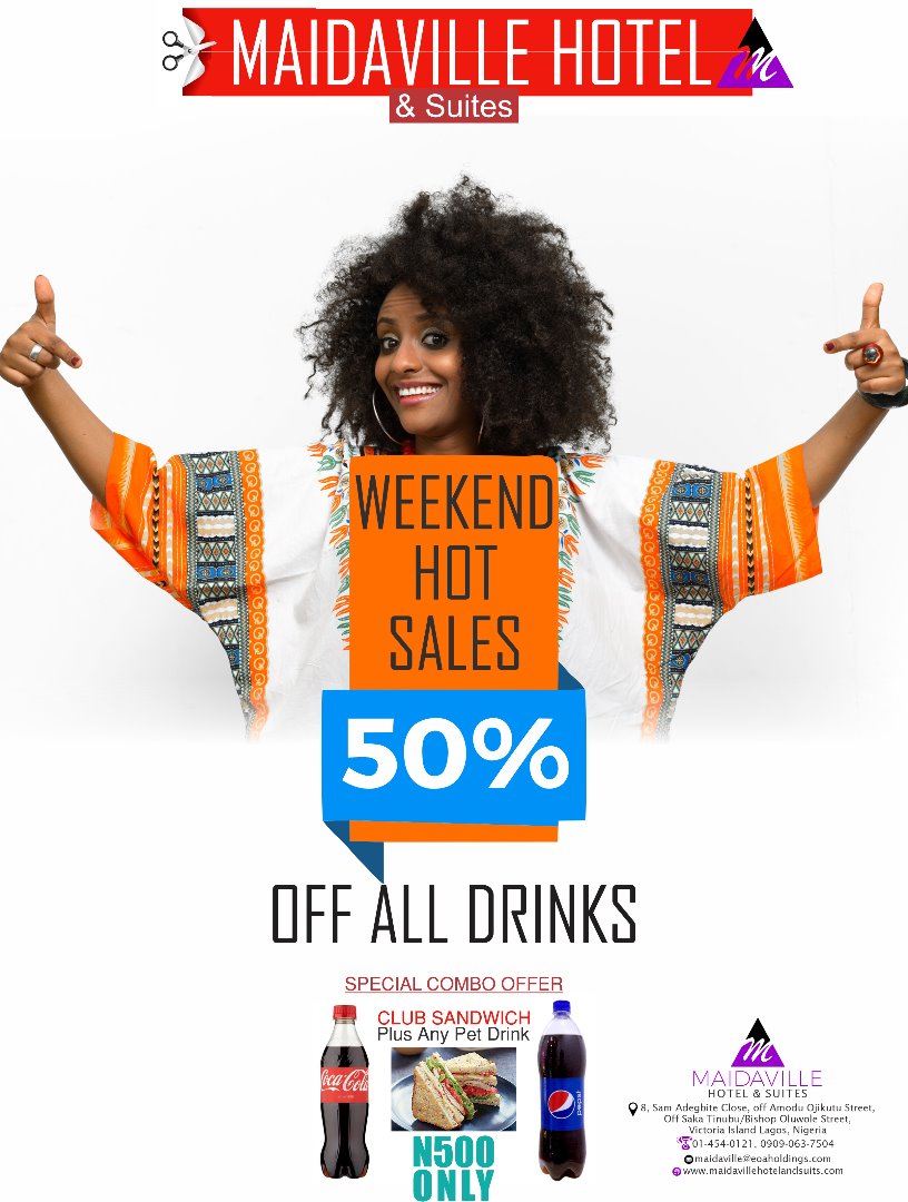 TrafficChiefNG's tweet photo. Looking for a comfortable place with affordable food &amp; drinks to chill this weekend?

@Maidaville Hotel &amp; Suites is running a PROMO - Special COMBO Meals and 50% off ALL Drinks!

Located at No. 8 Sam Adegbite Close, VI, Lagos. For Enquiries Call: 08159057059 @dammie_kholar https://t.co/2muBDBGrD4