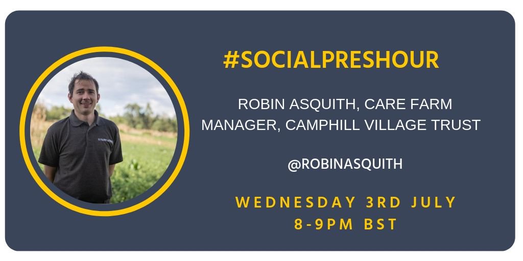 SocialPresHour's tweet photo. It's nearly that time of the week again! Make sure you tune in tomorrow for Social Prescribing Hour to discuss more about the use of agriculture in delivering soial care, hosted by @robinasquith join in the conversation tomorrow Wed 3rd July, 8-9pm BST https://t.co/DbgjbkI2Wz