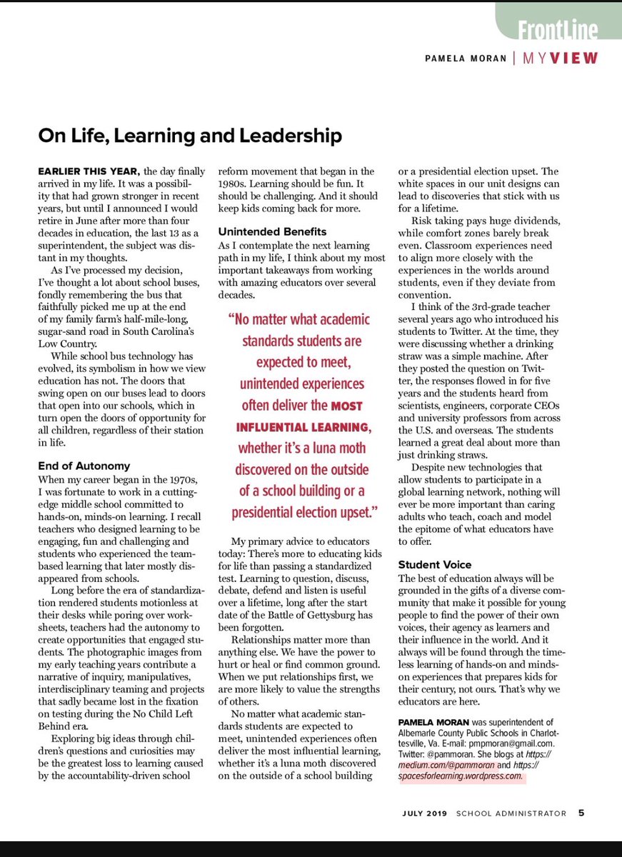 pammoran's tweet photo. A year ago this month I finished my 43- year career as a public school employee, the last 13 as superintendent. Thank you @jpgoldman for featuring my reflective post again in the “best of the year” edition of School Administrator “On Life, Leadership, and Learning” @AASAHQ https://t.co/28M41mCzgl