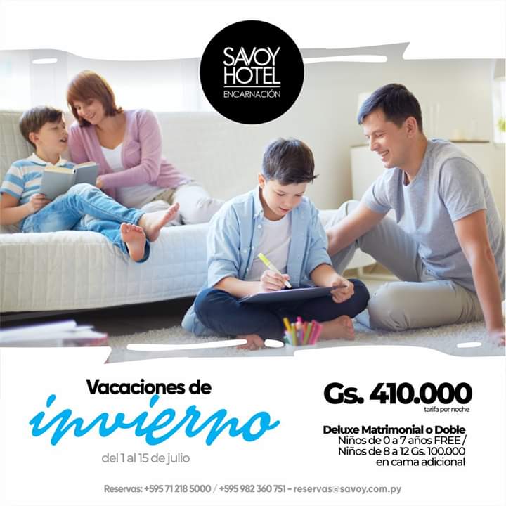 Enc_SavoyHotel's tweet photo. Las vacaciones de invierno lo disfrutás en familia. Elegí Savoy Hotel Encarnación para desconectarte de la rutina en compañía de tus hijos 

Tarifa promocional de Gs. 410.000 base doble por noche. 

Reservas 📲 (071) 218 5000 / 📨 reservas@savoy.com.py 📲 Whatsapp 0982360751 https://t.co/gvF5eQIrA3