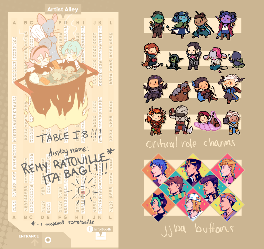 rokudo's tweet photo. here's most of the stuff i'll have at my table this year! i might be forgetting a couple things but alls well 💦 come visit, bring snacks! talk to me about critical role... #AXartistalley2019 #AX2019 https://t.co/YWvSeyeeFG