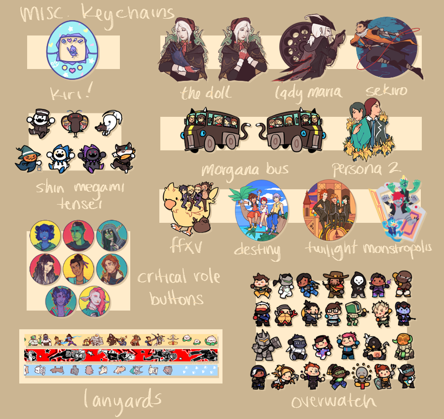 rokudo's tweet photo. here's most of the stuff i'll have at my table this year! i might be forgetting a couple things but alls well 💦 come visit, bring snacks! talk to me about critical role... #AXartistalley2019 #AX2019 https://t.co/YWvSeyeeFG