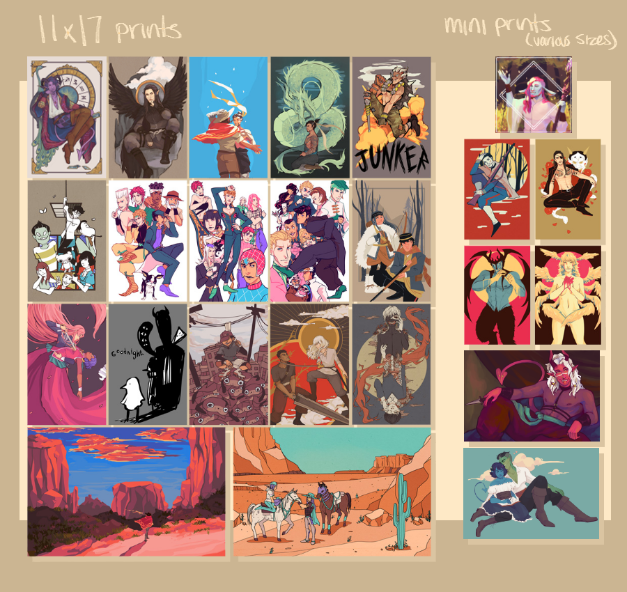 rokudo's tweet photo. here's most of the stuff i'll have at my table this year! i might be forgetting a couple things but alls well 💦 come visit, bring snacks! talk to me about critical role... #AXartistalley2019 #AX2019 https://t.co/YWvSeyeeFG