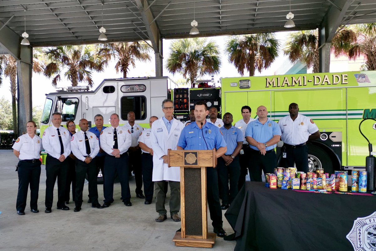 MiamiDadeFire's tweet photo. In preparation for #FourthofJuly celebrations, #MDFR, @JacksonHealth, @CityofMiamiFire &amp; @HialeahFD hosted a joint press conference to raise awareness on the potential dangers of mishandling fireworks. #WorkingTogether #SafetyFirst https://t.co/ZrEiI3C6ow
