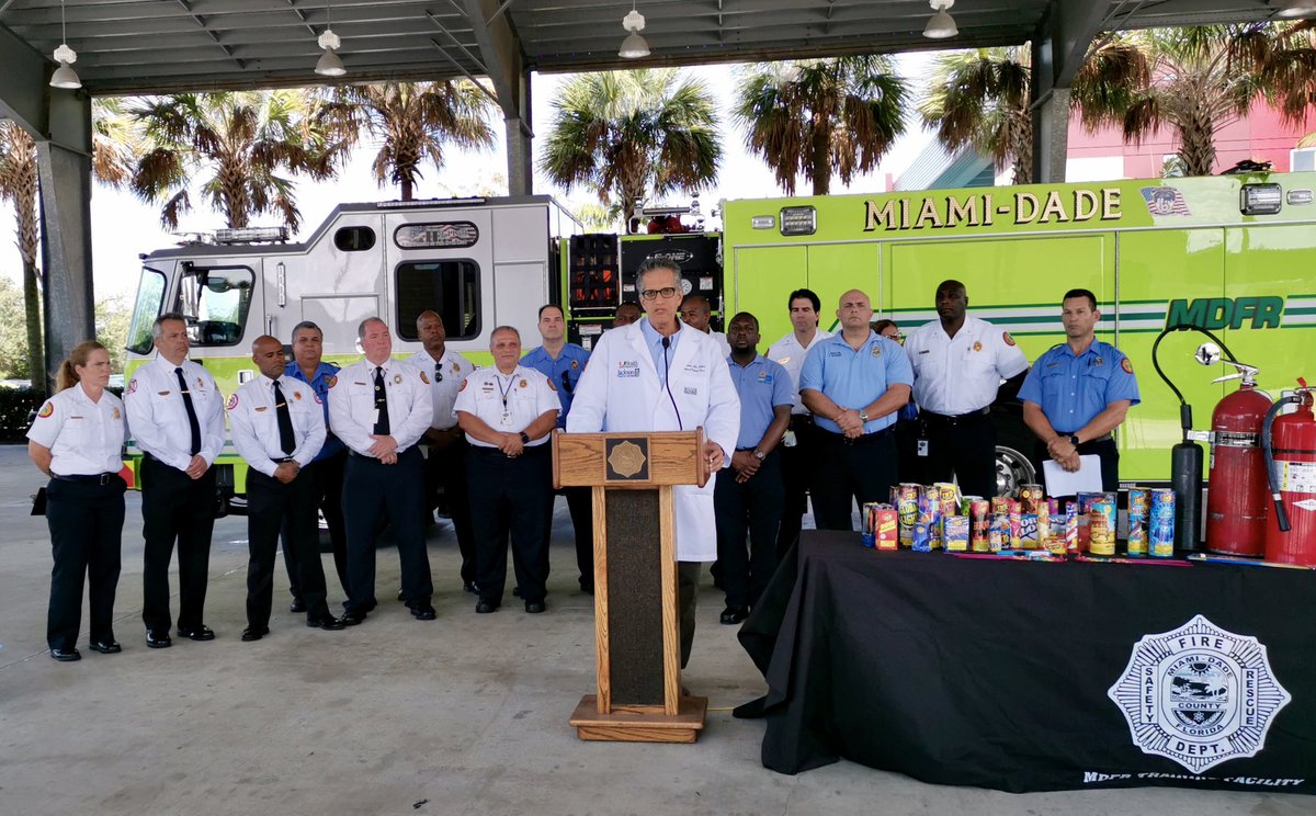 MiamiDadeFire's tweet photo. In preparation for #FourthofJuly celebrations, #MDFR, @JacksonHealth, @CityofMiamiFire &amp; @HialeahFD hosted a joint press conference to raise awareness on the potential dangers of mishandling fireworks. #WorkingTogether #SafetyFirst https://t.co/ZrEiI3C6ow