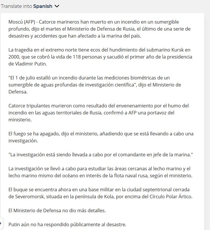 MikeChillit's tweet photo. #SubmarineFire Here is an English article on the Russian Submarine Fire that has apparently killed 14. @EddieMikeUSA Also attached is a Spanish translation. https://t.co/ARNKNjwiPk https://t.co/T0WmKDXfMq