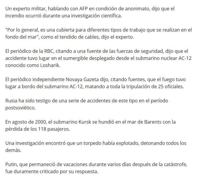MikeChillit's tweet photo. #SubmarineFire Here is an English article on the Russian Submarine Fire that has apparently killed 14. @EddieMikeUSA Also attached is a Spanish translation. https://t.co/ARNKNjwiPk https://t.co/T0WmKDXfMq