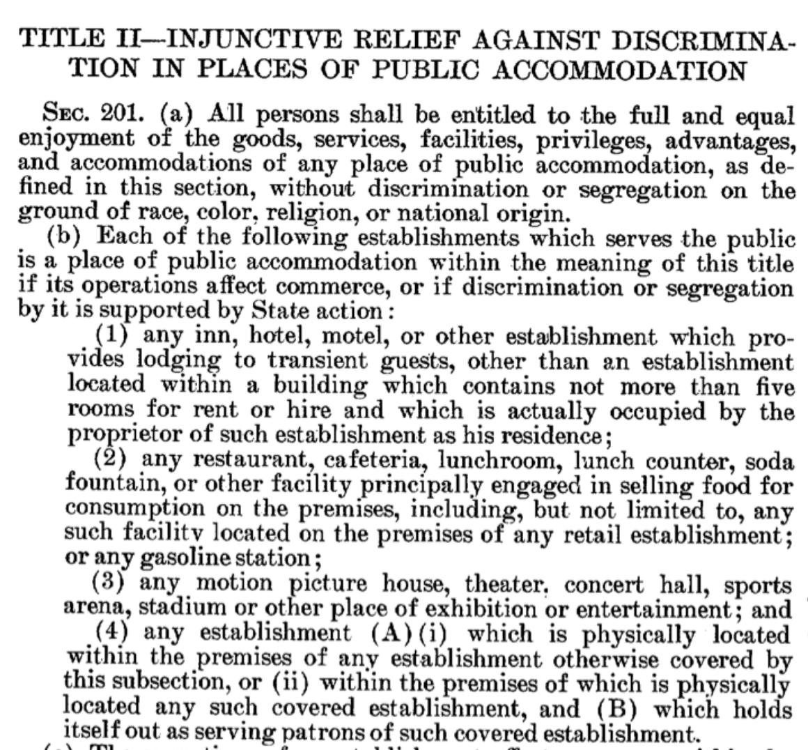 On July 2, 1964, President Lyndon Johnson signed into law the Civil Rights Act of 1964. Title II prohibited discrimination in public accommodations on the basis of race, color, religion, or national origin in public accommodations engaged in interstate commerce. /4