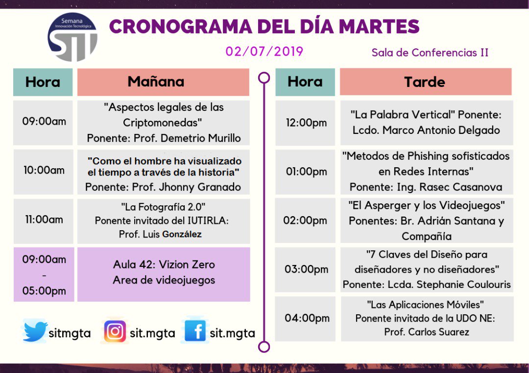 sitmgta's tweet photo. Recuerden que el día de hoy seguimos con la #SIT2019 desde la Sala de Conferencias 2 de @somounimar

A continuación, les colocamos nuevamente el cronograma del día

¡ASISTE! Te esperamos

#unimar #unefa #udone #iutirla #psm #tecnologia #innovacion #evento #mgta #vzla #tech #now https://t.co/eelOszUyVL