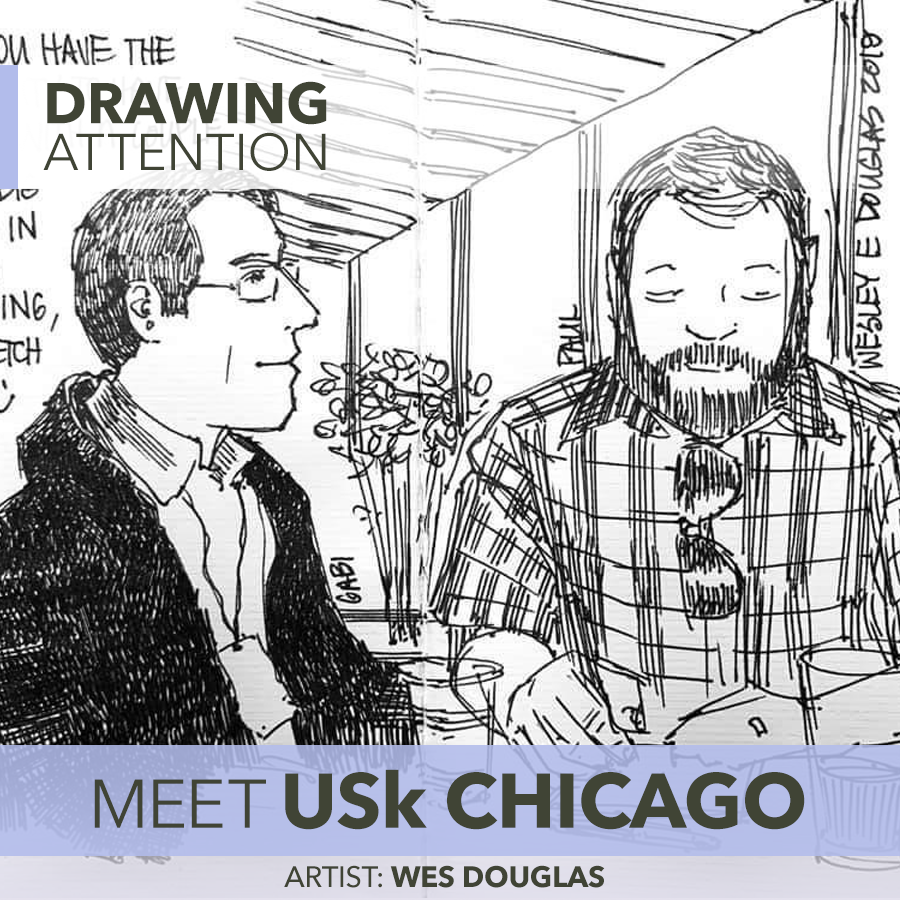 A sketch of <a href="/seattlesketcher/">Gabriel Campanario</a> by Wes Douglas at this year's <a href="/USk_Chicago/">USkChicago</a> sketch seminar!
#urbansketchers 
Read more in this month's #drawingattention urbansketchers.org/2019/07/drawin…