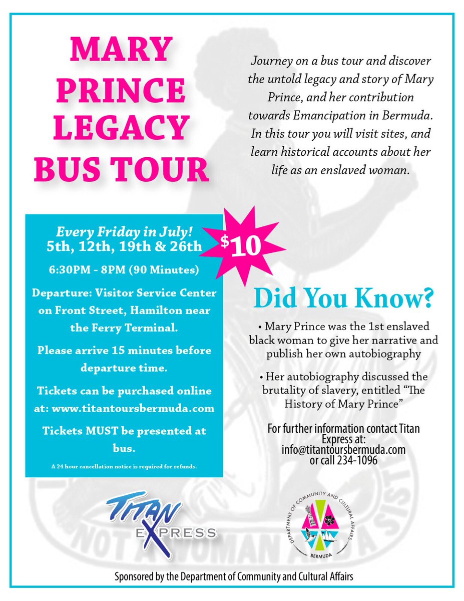 titanexpressb's tweet photo. Experience For a Limited Time 
‘Mary Prince Legacy Bus Tour’ 

Available every Friday in July! 
5th, 12th, 19th, 26th

ONLY $10 per person 

TICKETS MUST BE PURCHASED ONLINE 
BUY HERE:https://t.co/dbmgz23C6U

Sponsored by The Department of Community and Cultural Affairs https://t.co/N4pKpwPN52