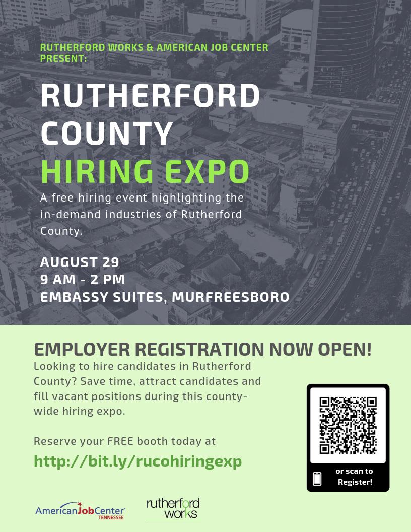 Rutherford County area employers: <a href="/RuthWorksTN/">RutherfordWorks</a> and your local American Job Center will hold a hiring expo in August. Be a part of this event in one of Tennessee's fastest growing counties.