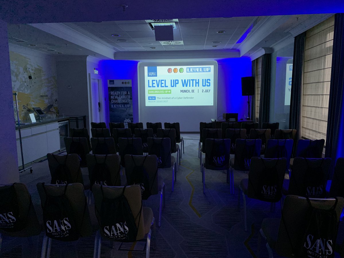 GarethB_SANS's tweet photo. The SANS #LevelUp Munich Roadshow is ready to go! Join us at 6:30 for @AlfaSec’s talk on ‘What it takes to be a great Cyber Defender’. #SANSMunich https://t.co/G0LlHLc2Dm