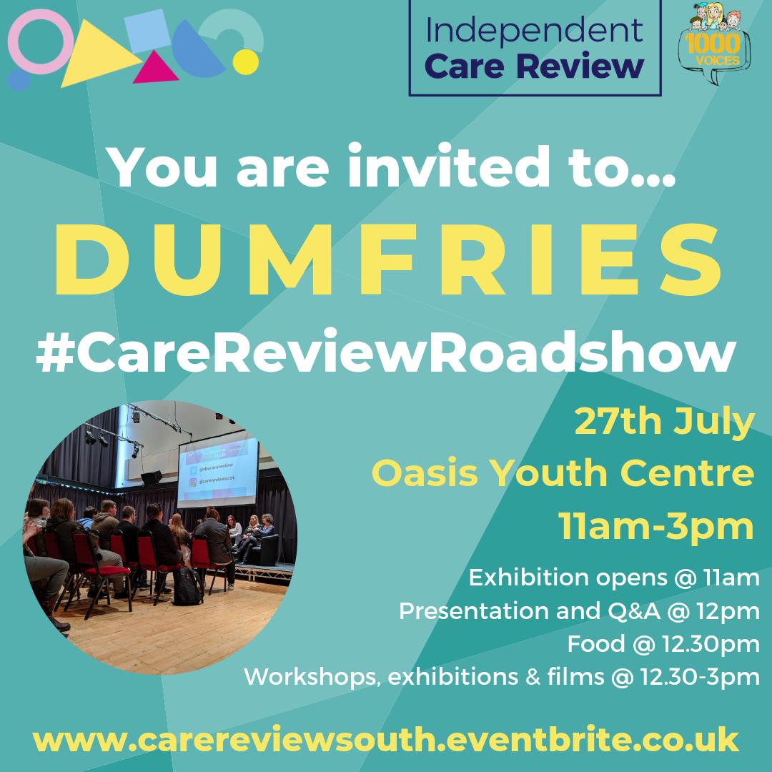1000voicesscot's tweet photo. In the South of Scotland? Free on Saturday 27th July? Come along to the Dumfries Roadshow with @TheCareReview! Register your free space here 👉https://t.co/0AJHLHYWQo https://t.co/uIYuUBjLZw