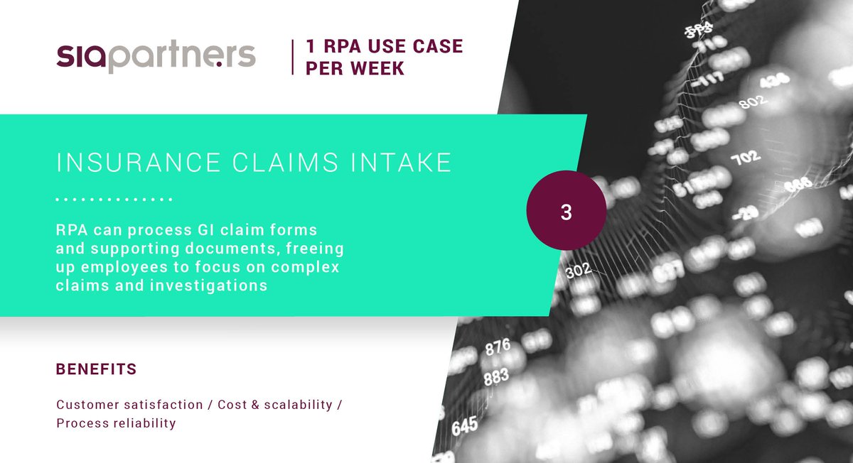 SiaPartners's tweet photo. For week 3 of our #RPA use case campaign, we dive into the GI #claimsintake process, considering where RPA could intake claim forms and supporting documents, freeing up employees to focus on complex claims and investigations.
>>> https://t.co/jQfkcFn5BW
#Insurance #Consulting40 https://t.co/SkfPrYaXCF
