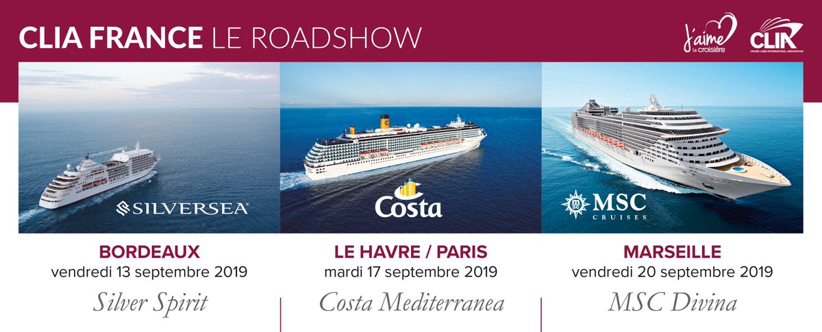 CLIAEurope's tweet photo. Les « roadshows » du mois de septembre : 3 dates, 3 villes, 3 navires à visiter ! #CLIAFrance #AgentdeVoyages #Roadshow #Bordeaux #LeHavre #Marseille https://t.co/vKq9il7gqo https://t.co/wgJu3MN7ET