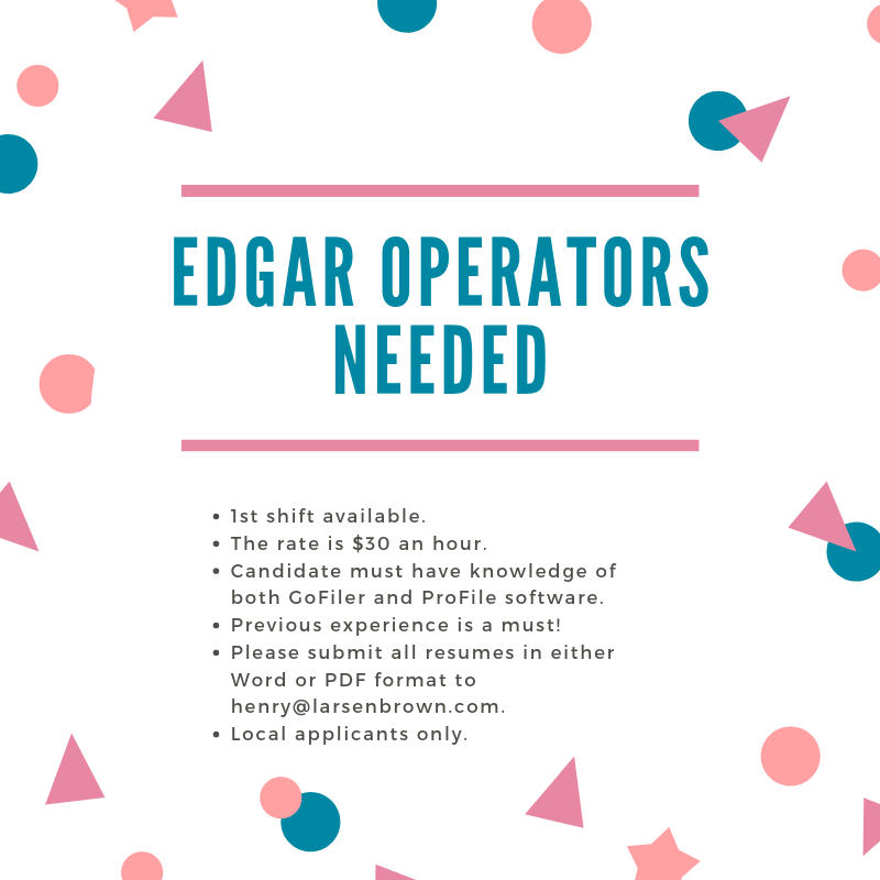 Larsen_Brown's tweet photo. EDGAR Operators wanted. Weekends or weekdays. You call the shots! Previous experience is required. Please submit resumes to henry@larsenbrown.com #NYCjobs #GoFiler #ProfileHTML #EDGAR #LarsenBrown https://t.co/C9tfkJtwNX