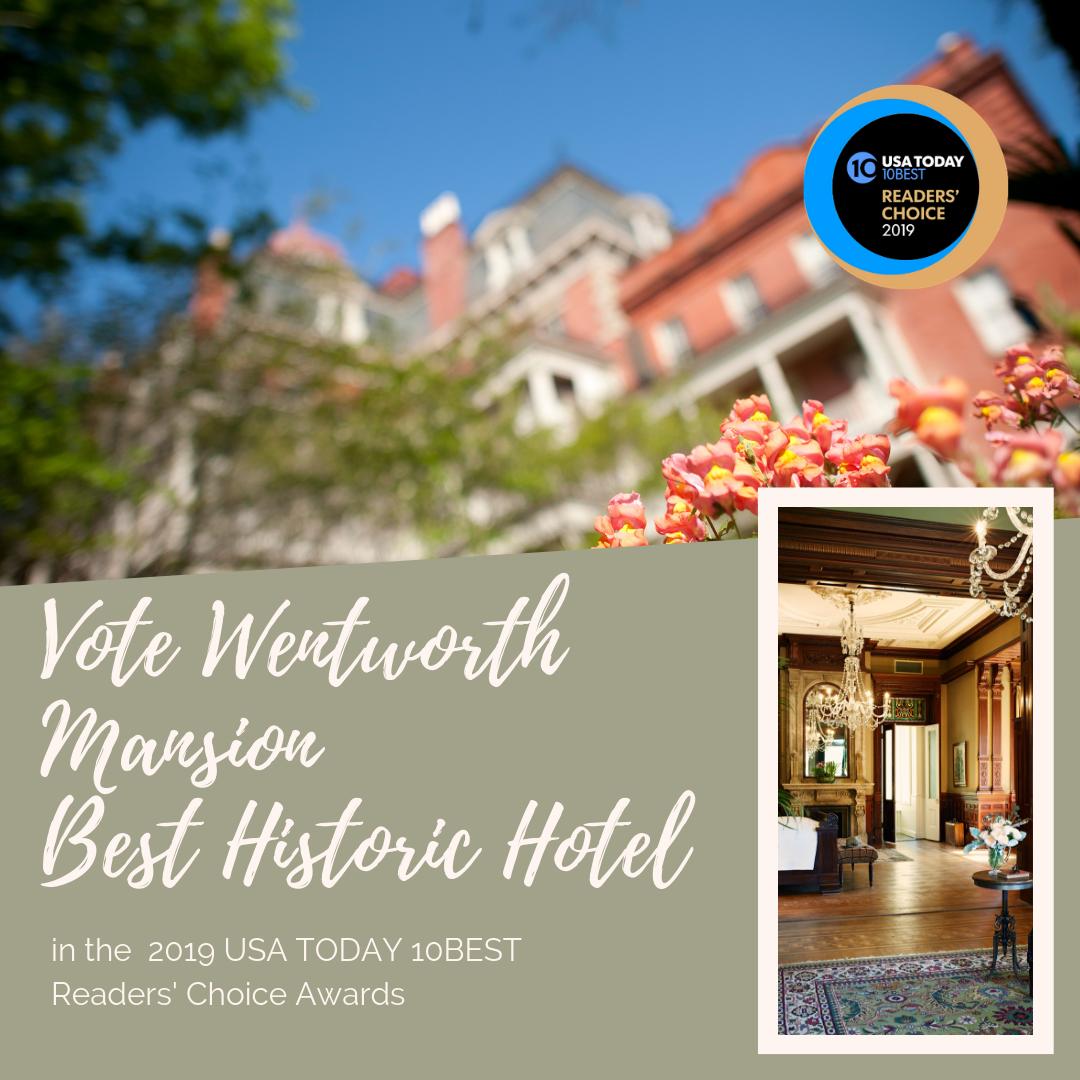 We are excited to announce that the Wentworth Mansion has been nominated for the 2019 10Best Readers' Choice travel awards by USA TODAY. There are only 28 days left to share your love for our beloved hotel! Click this link to vote - buff.ly/2YrMwAb