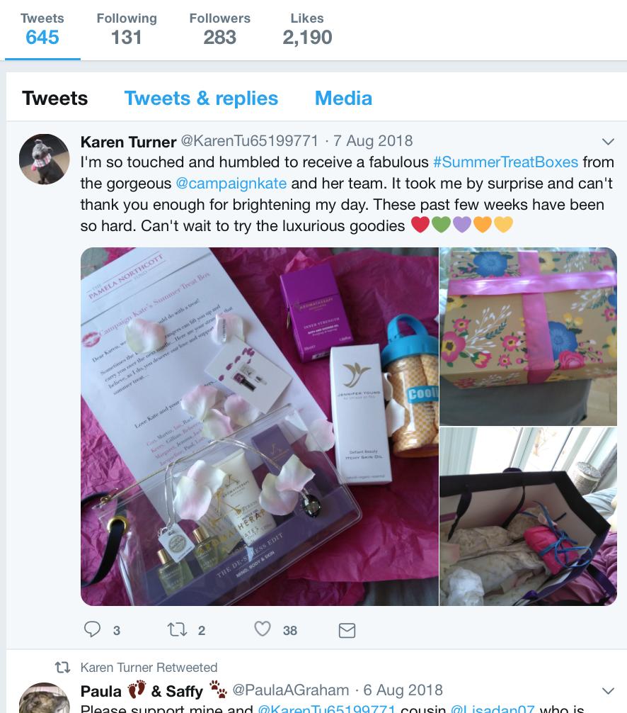 campaignkate's tweet photo. Thank you all for your recipient nominations for my #SummerTreat boxes for women living with cancer. 
All so worthy...and all over the UK - perfect.  A nomination from #Chester welcome...
I want to fulfil them ALL so pls donate to this special project: https://t.co/LYJmUDxpJ0 https://t.co/ARbQ0Jk9eU