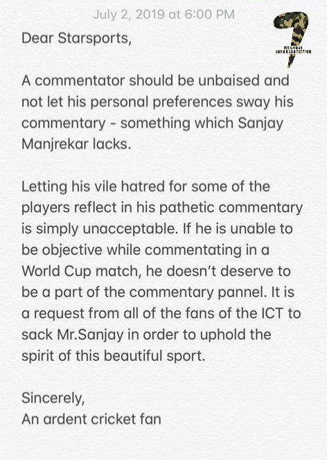 msdfansofficial's tweet photo. Dear Starsports, 

A humble request from all the Indian Cricket Team fans, sack @sanjaymanjrekar. Please do not ruin the World Cup for us. 

#INDvBAN #Dhoni #TeamIndia https://t.co/ViiBeRvkse