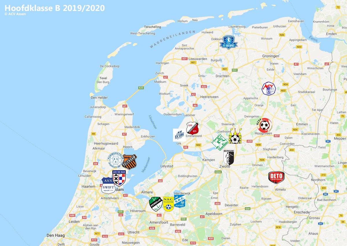 De locaties van de clubs in de Zaterdag Hoofdklasse B.